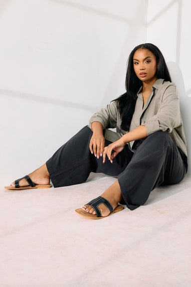 Yours Curve Black Chambray Tie Front Wide Leg Trousers