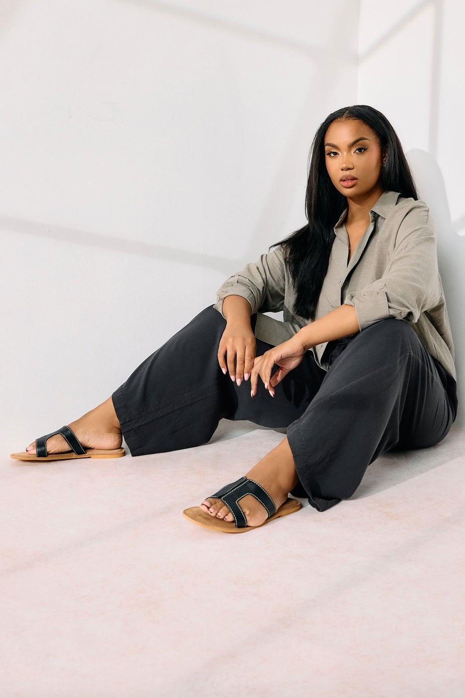 Yours Curve Black Chambray Tie Front Wide Leg Trousers