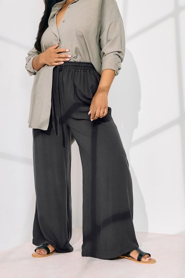 Yours Curve Black Chambray Tie Front Wide Leg Trousers