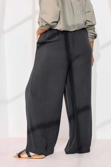Yours Curve Black Chambray Tie Front Wide Leg Trousers