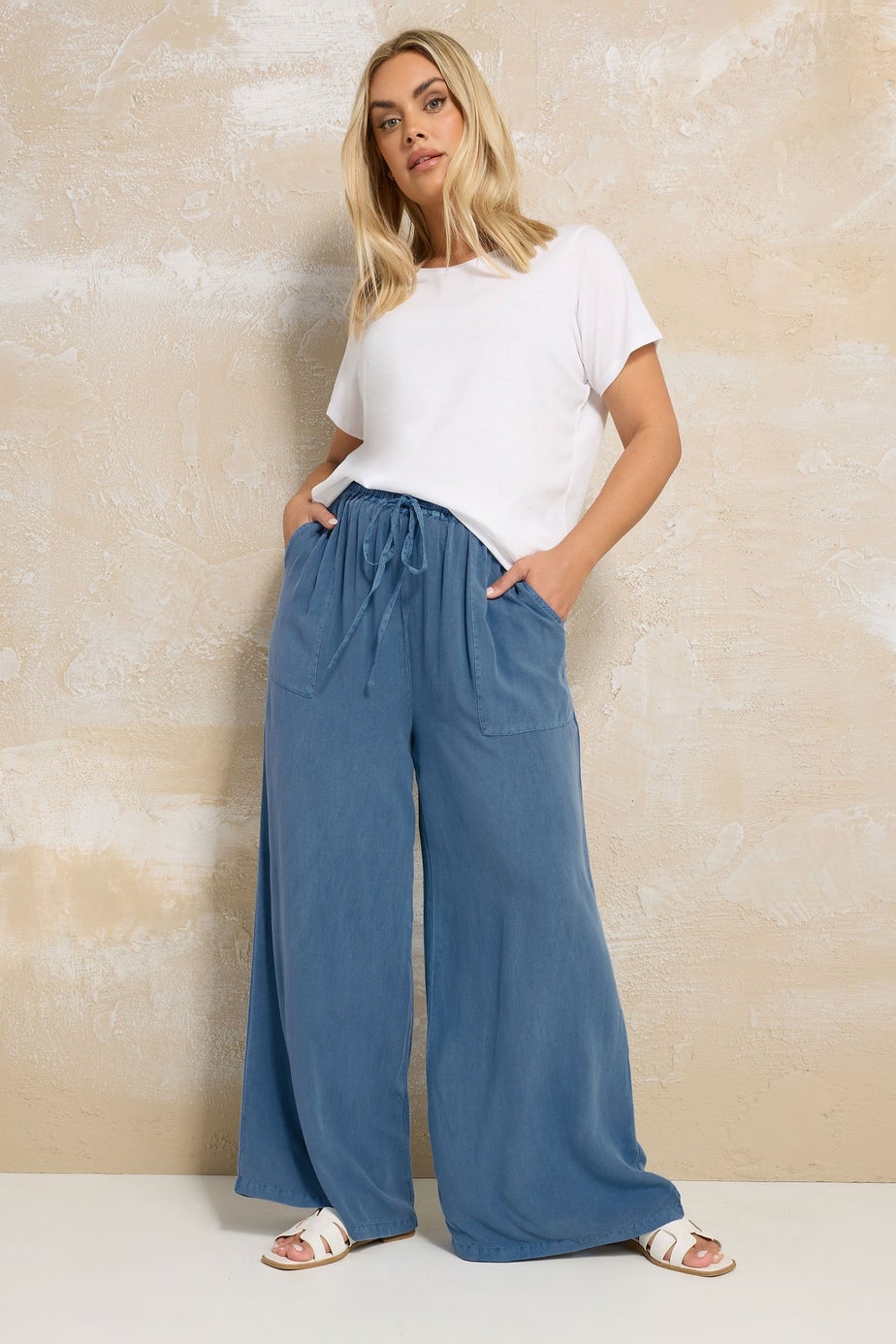 Yours Curve Blue Chambray Tie Front Wide Leg Trousers