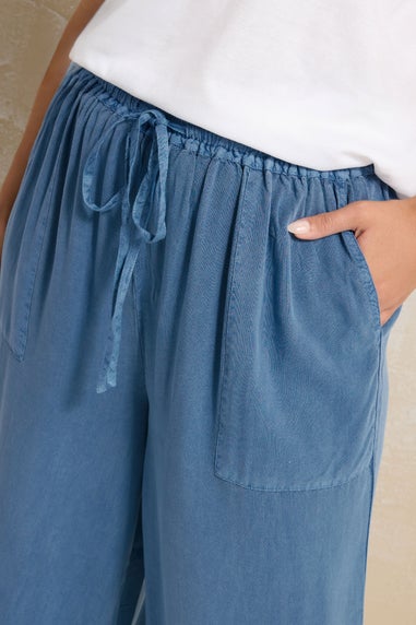Yours Curve Blue Chambray Tie Front Wide Leg Trousers