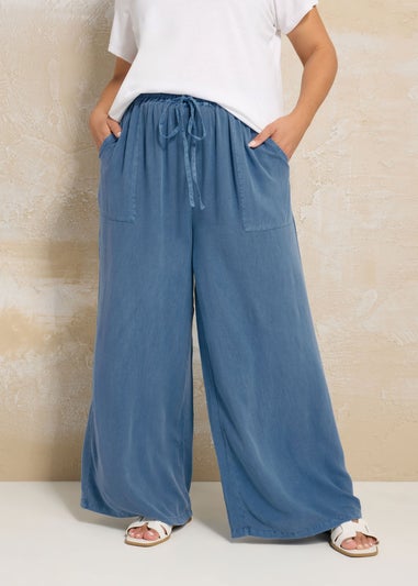 Yours Curve Blue Chambray Tie Front Wide Leg Trousers