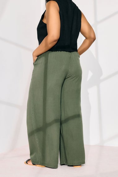 Yours Curve Khaki Green Chambray Tie Front Wide Leg Trousers