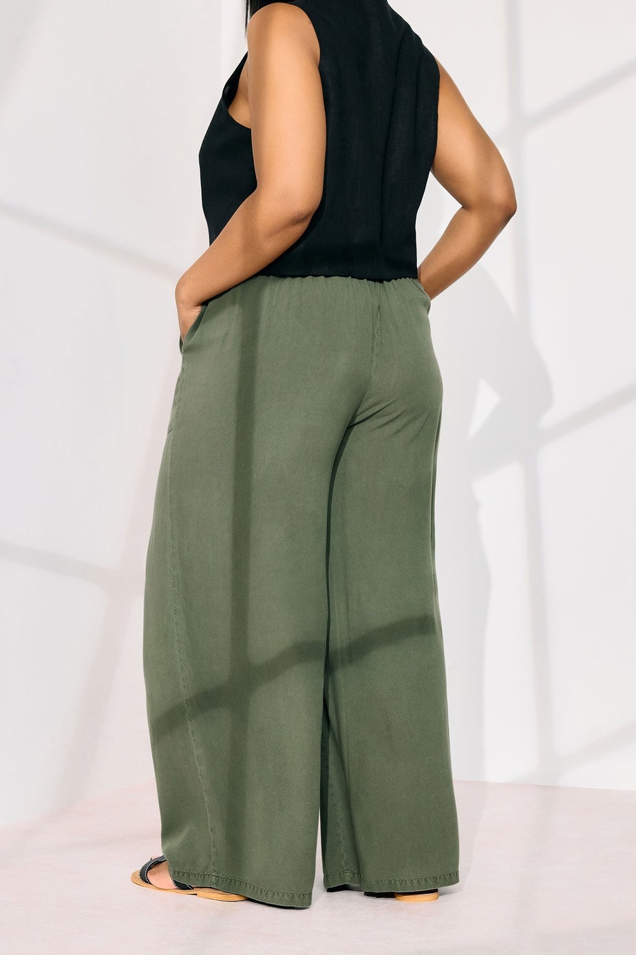 Yours Curve Khaki Green Chambray Tie Front Wide Leg Trousers