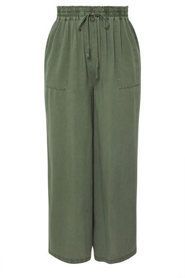Yours Curve Khaki Green Chambray Tie Front Wide Leg Trousers
