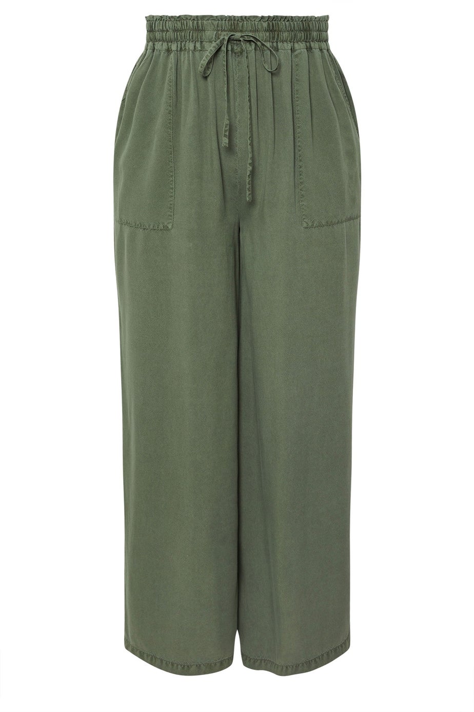 Yours Curve Khaki Green Chambray Tie Front Wide Leg Trousers
