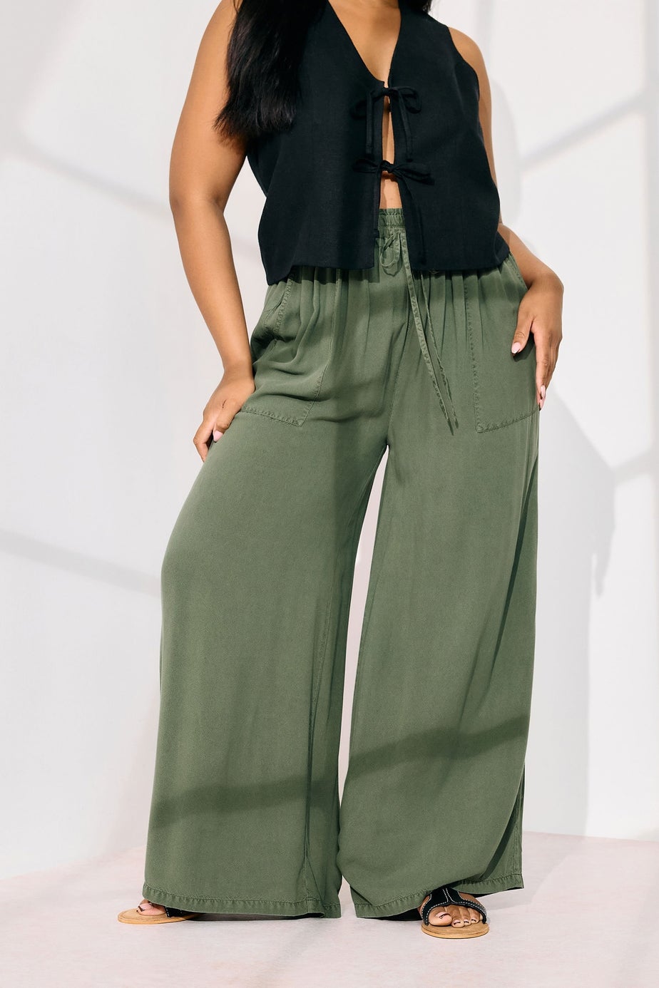 Yours Curve Khaki Green Chambray Tie Front Wide Leg Trousers