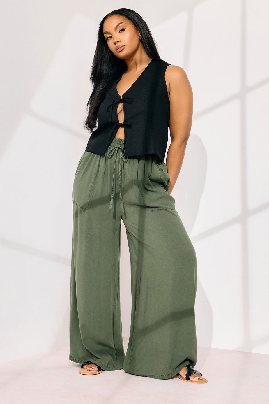 Yours Curve Khaki Green Chambray Tie Front Wide Leg Trousers