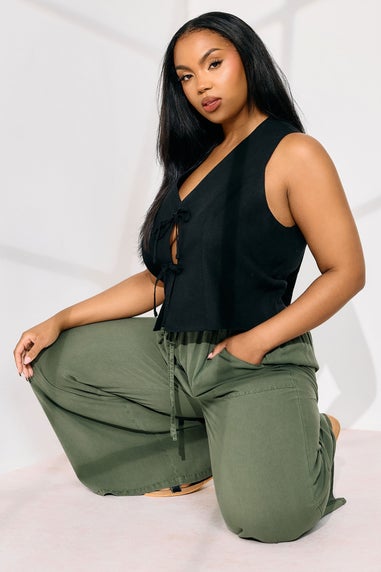 Yours Curve Khaki Green Chambray Tie Front Wide Leg Trousers