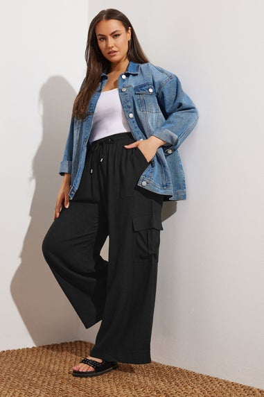 Yours Curve Black Linen Cargo Trousers