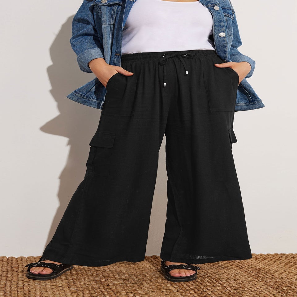 Yours Curve Black Linen Cargo Trousers