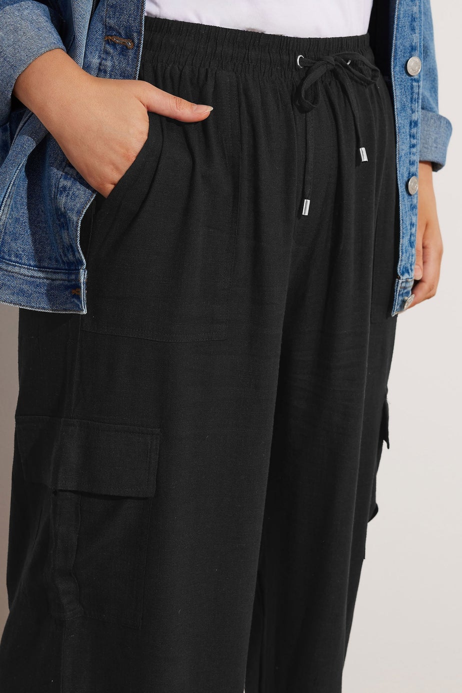 Yours Curve Black Linen Cargo Trousers