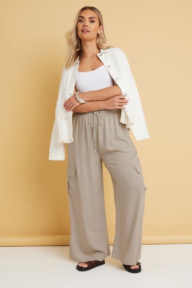 Yours Curve Natural Brown Linen Cargo Trousers