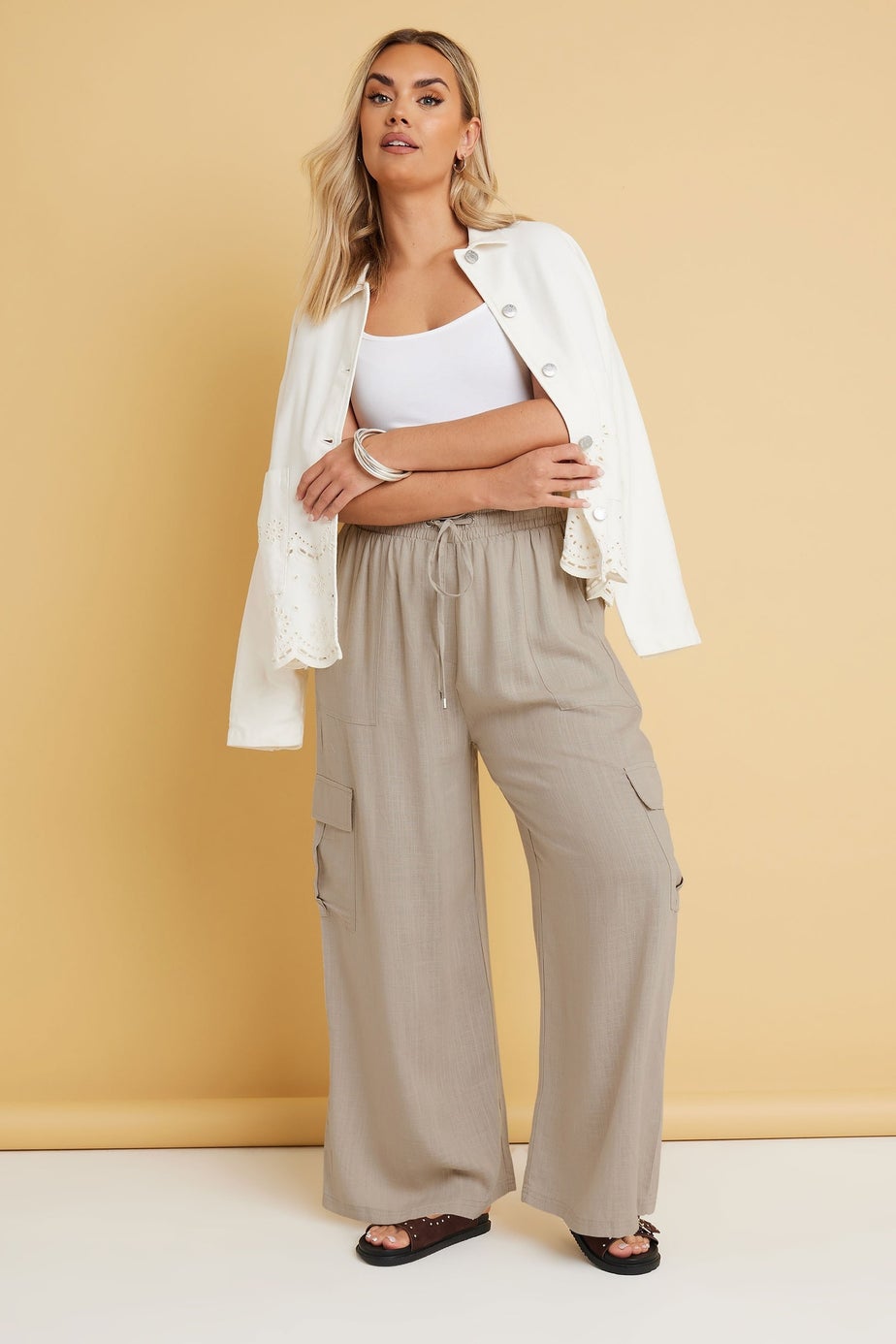 Yours Curve Natural Brown Linen Cargo Trousers