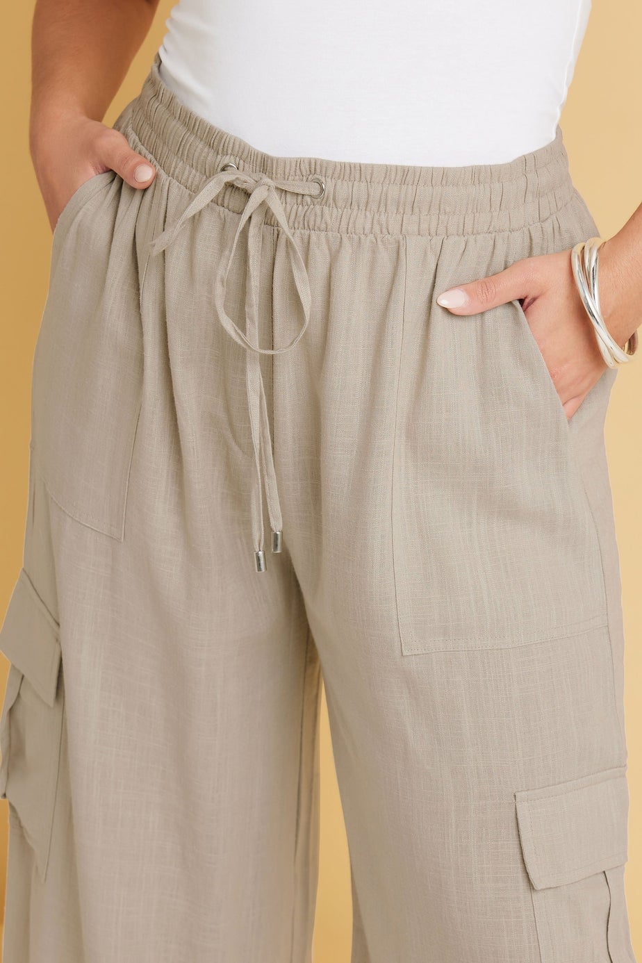 Yours Curve Natural Brown Linen Cargo Trousers