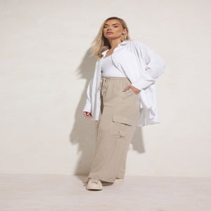 Yours Curve Natural Brown Linen Cargo Trousers