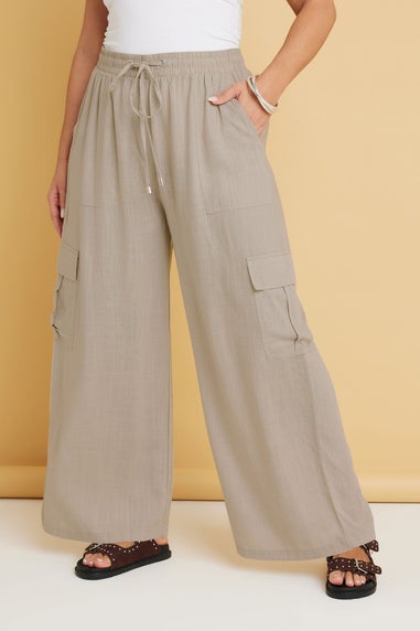 Yours Curve Natural Brown Linen Cargo Trousers