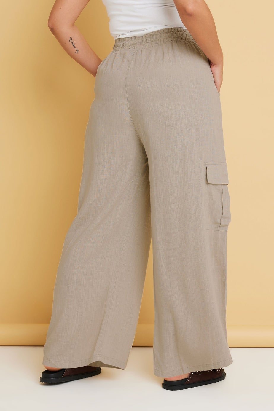 Yours Curve Natural Brown Linen Cargo Trousers