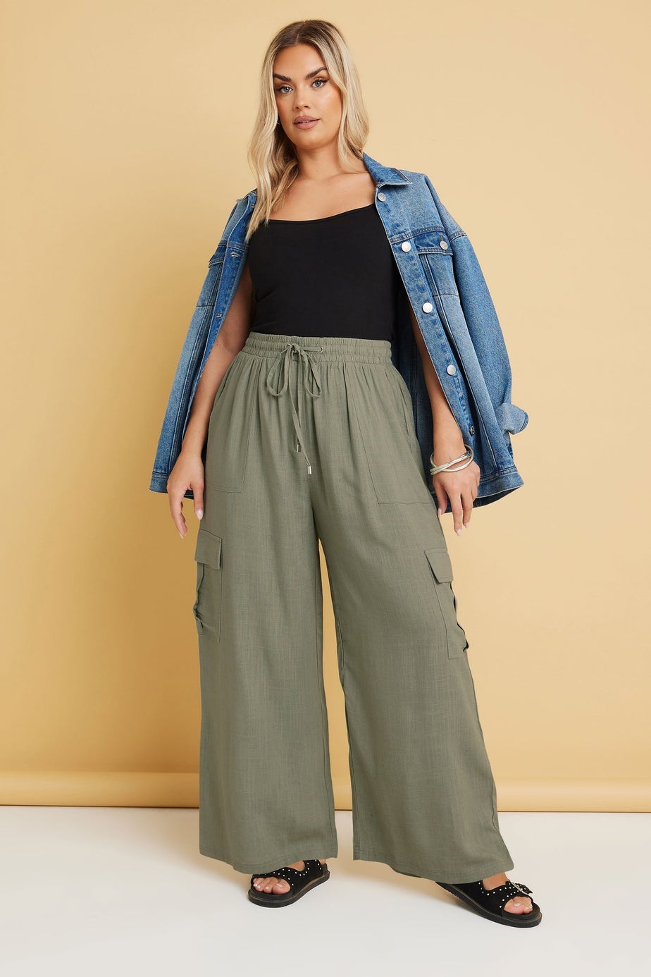Yours Curve Khaki Green Linen Cargo Trousers