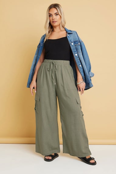 Yours Curve Khaki Green Linen Cargo Trousers
