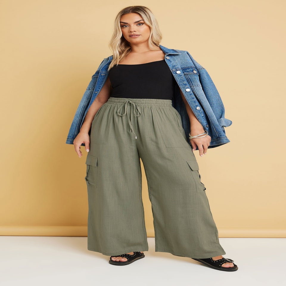 Yours Curve Khaki Green Linen Cargo Trousers