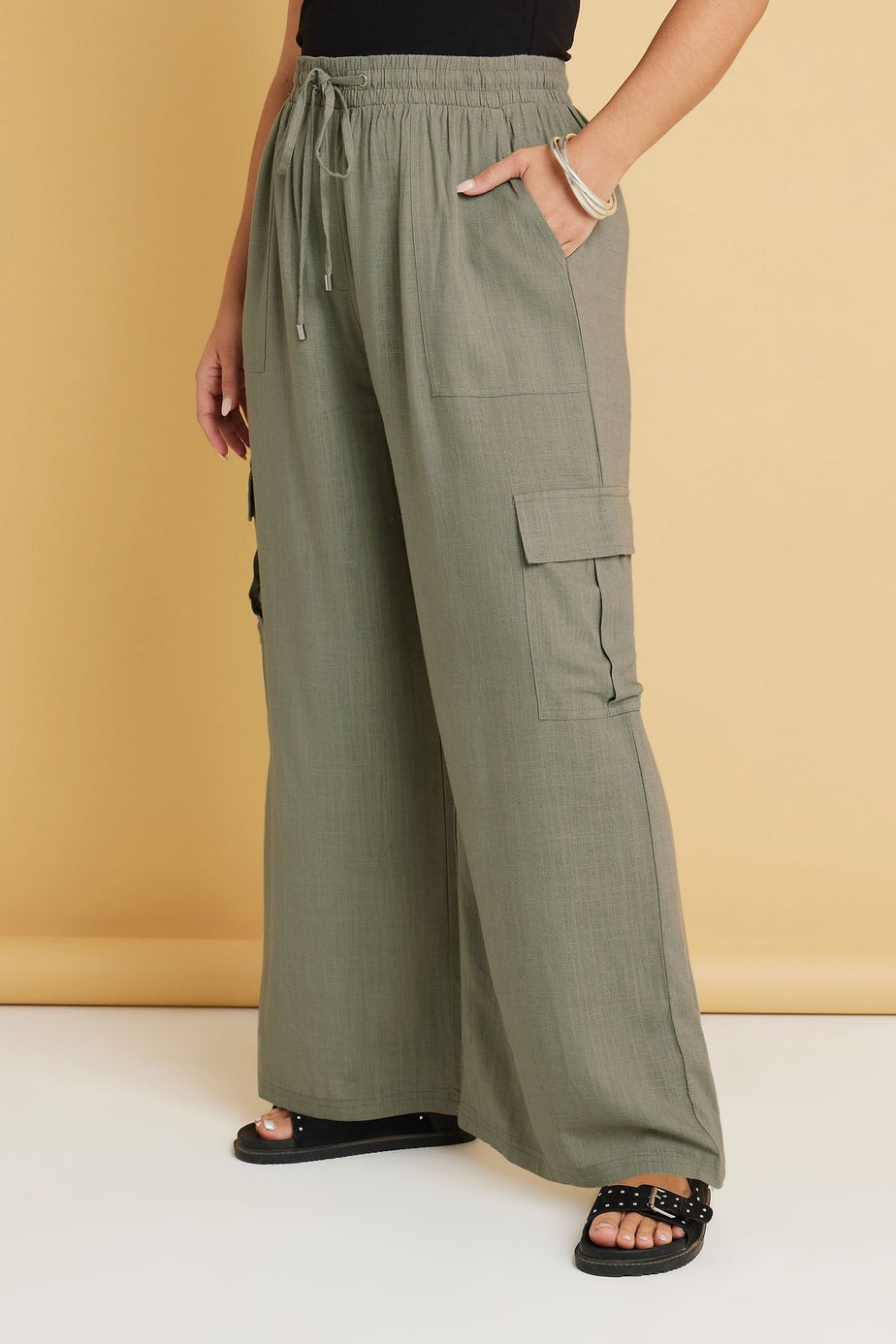 Yours Curve Khaki Green Linen Cargo Trousers