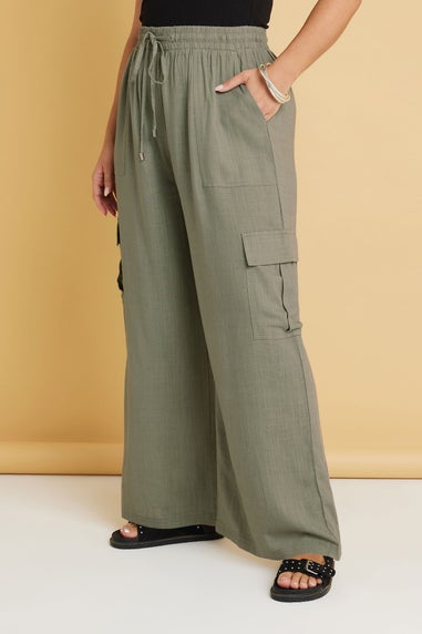 Yours Curve Khaki Green Linen Cargo Trousers