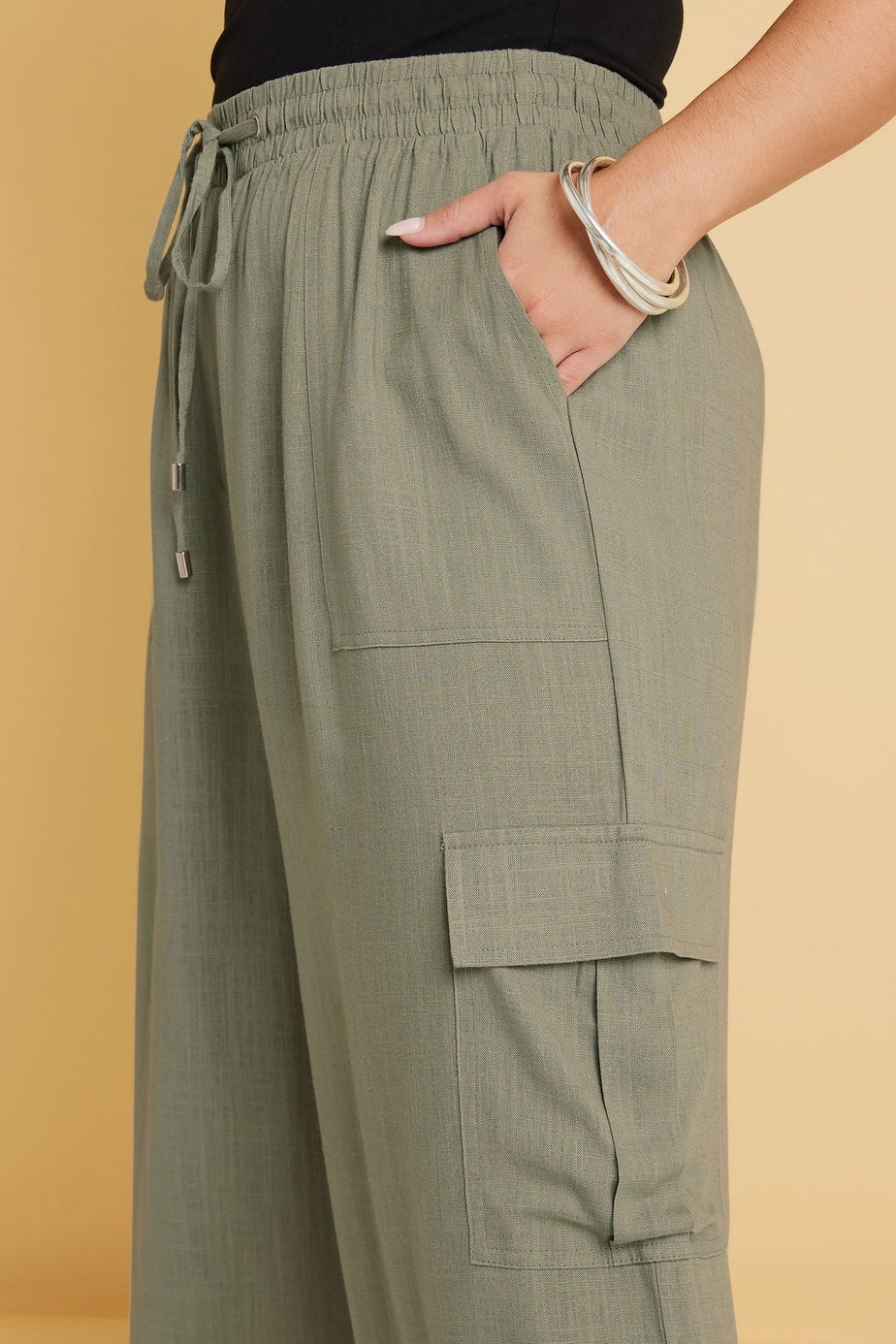 Yours Curve Khaki Green Linen Cargo Trousers