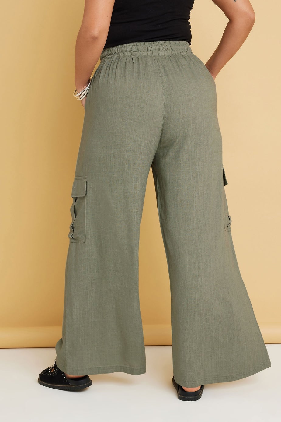 Yours Curve Khaki Green Linen Cargo Trousers