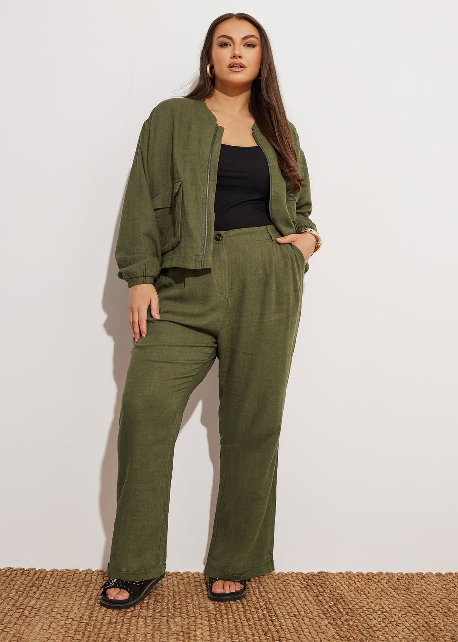 Yours Curve Khaki Green Formal Linen Trousers