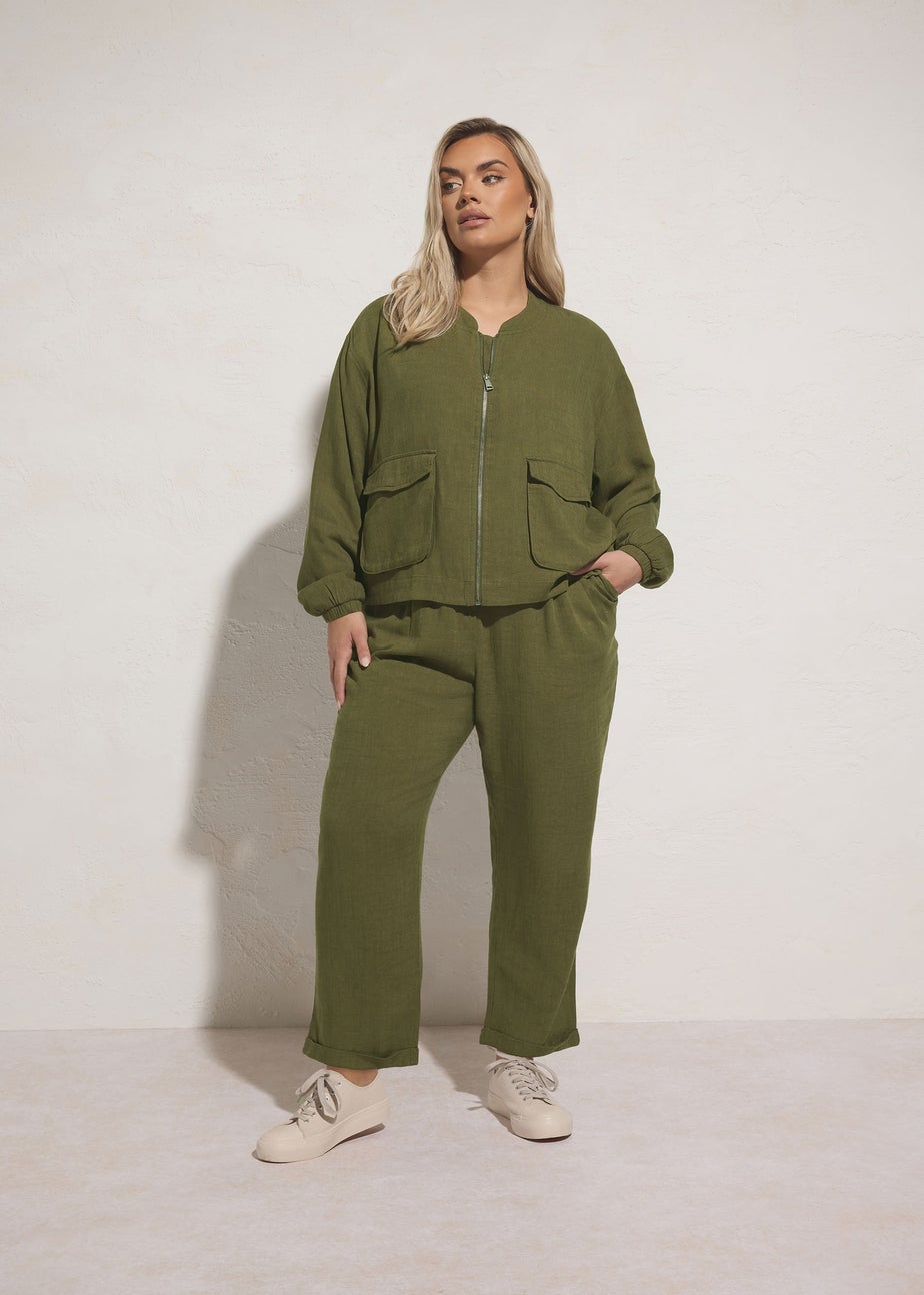 Yours Curve Khaki Green Formal Linen Trousers