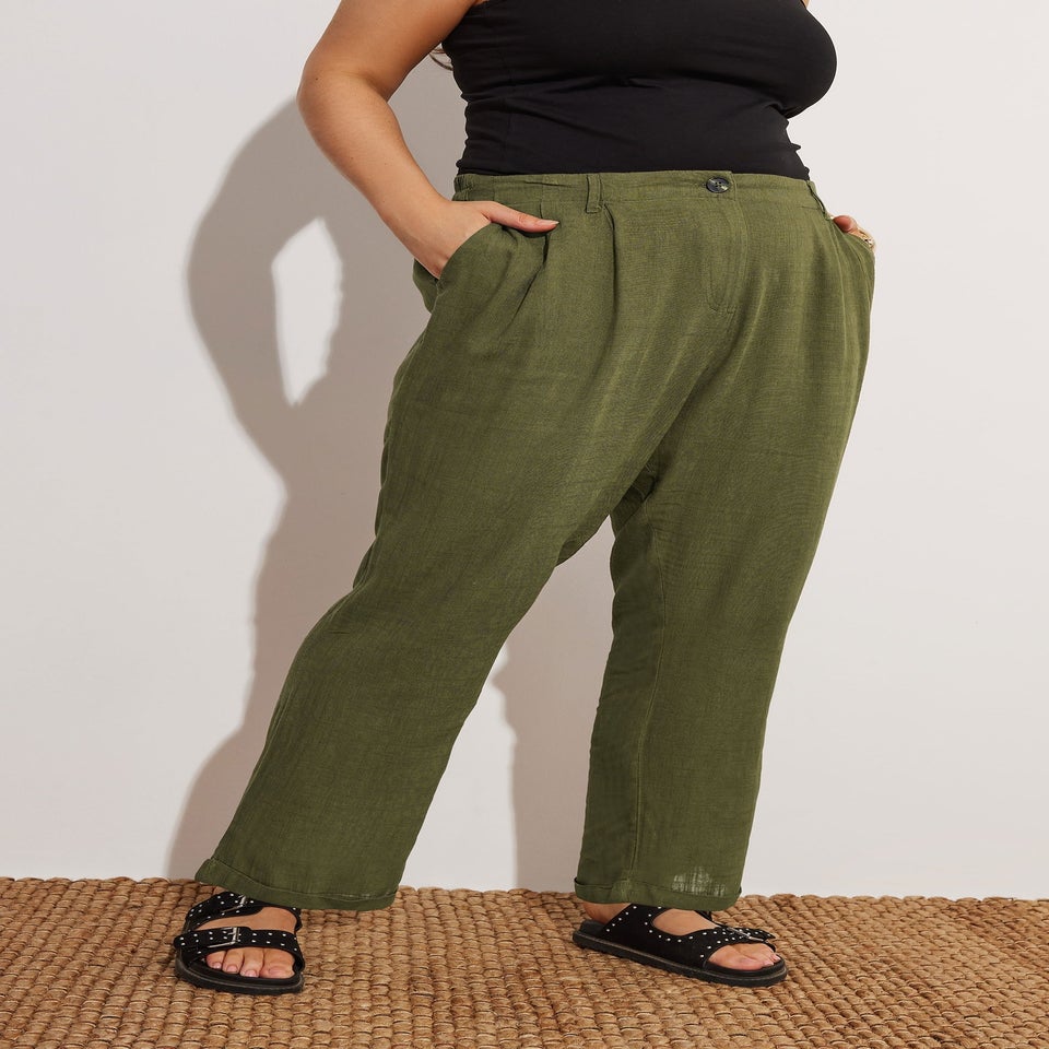 Yours Curve Khaki Green Formal Linen Trousers