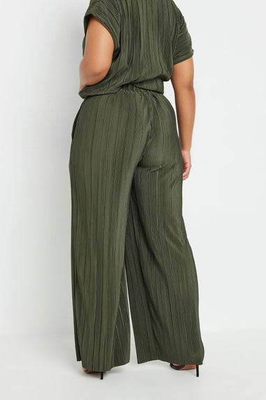 Yours Curve Khaki Green Plisse Wide Leg Trousers