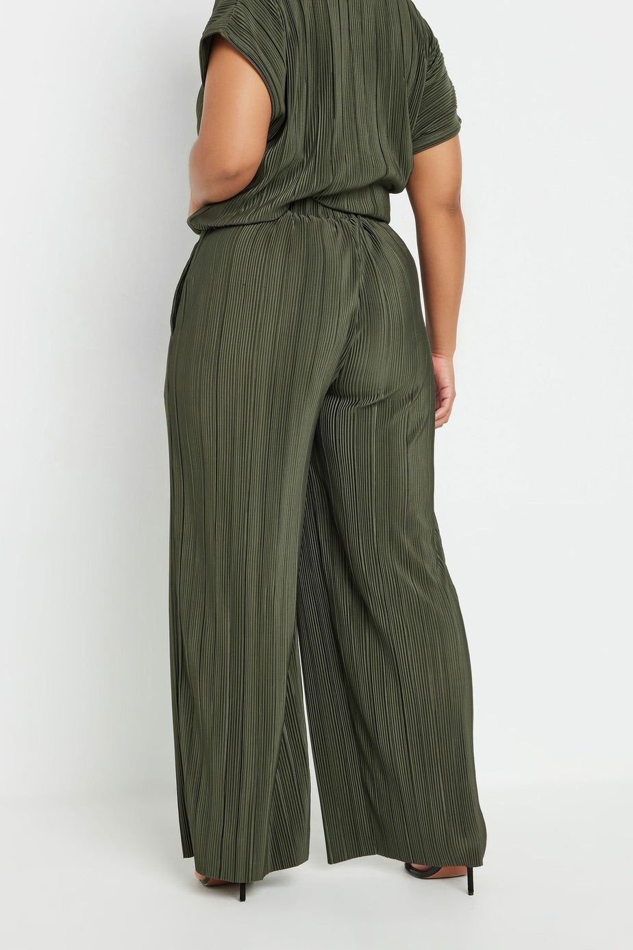 Yours Curve Khaki Green Plisse Wide Leg Trousers