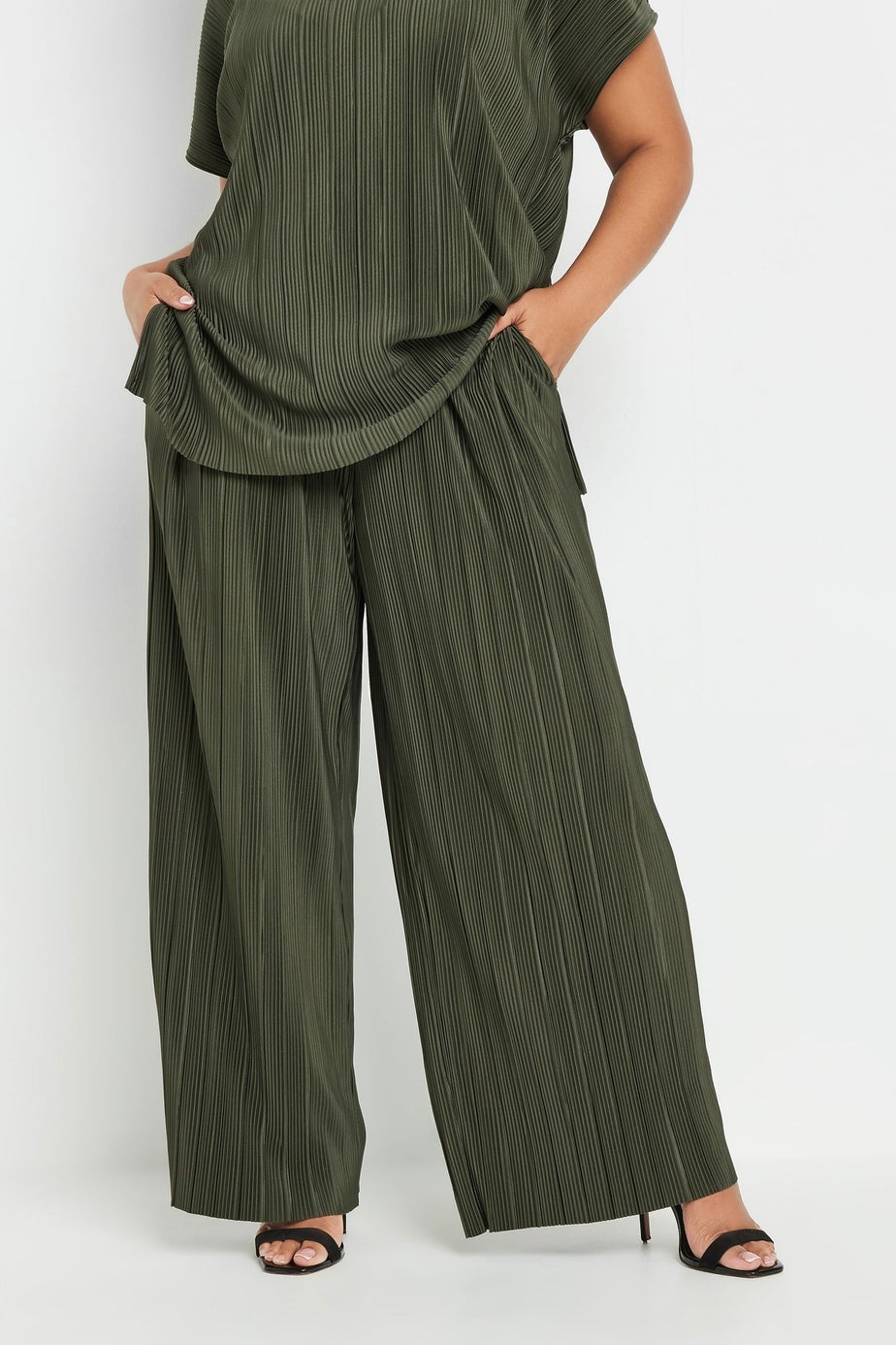 Yours Curve Khaki Green Plisse Wide Leg Trousers