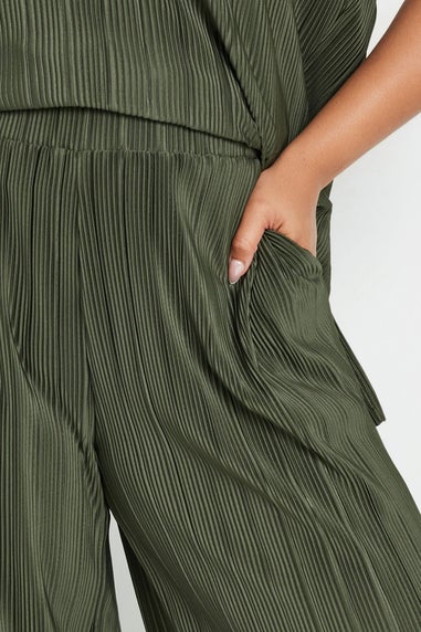 Yours Curve Khaki Green Plisse Wide Leg Trousers