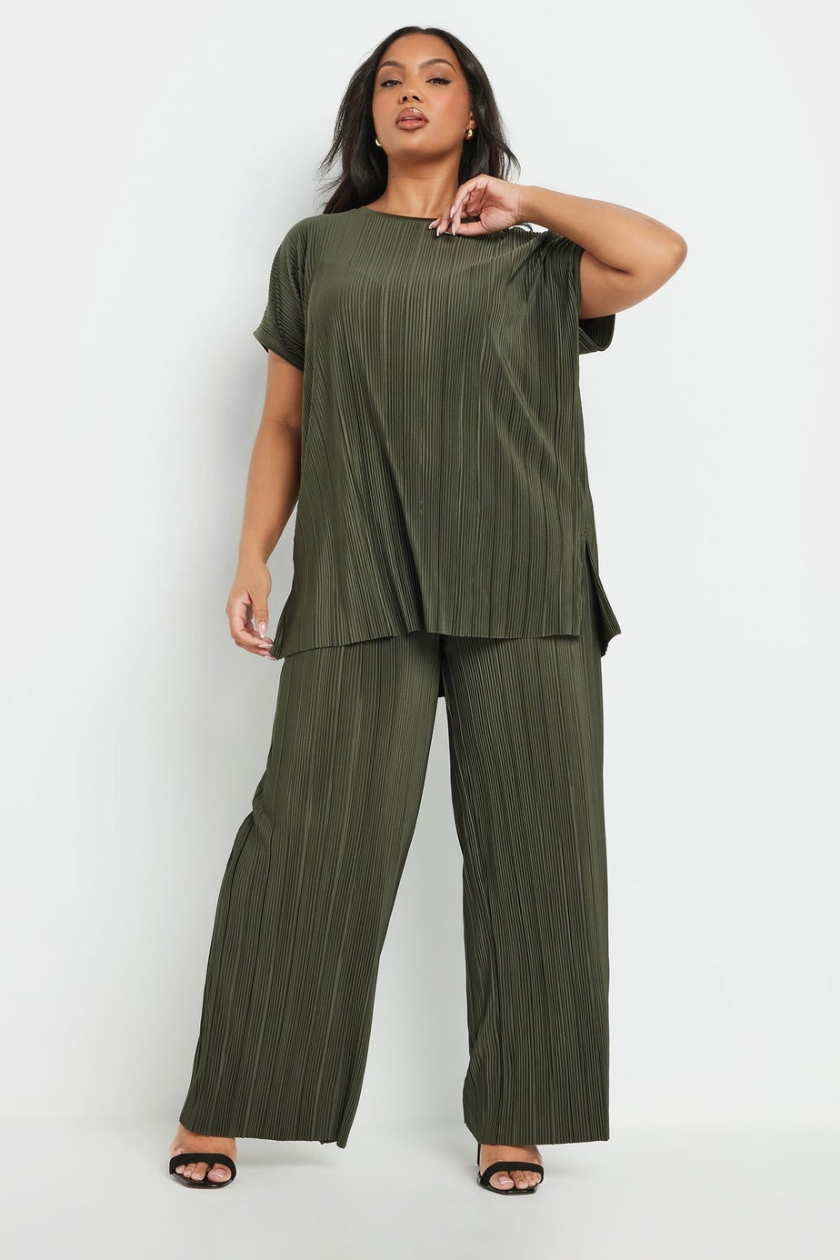 Yours Curve Khaki Green Plisse Wide Leg Trousers