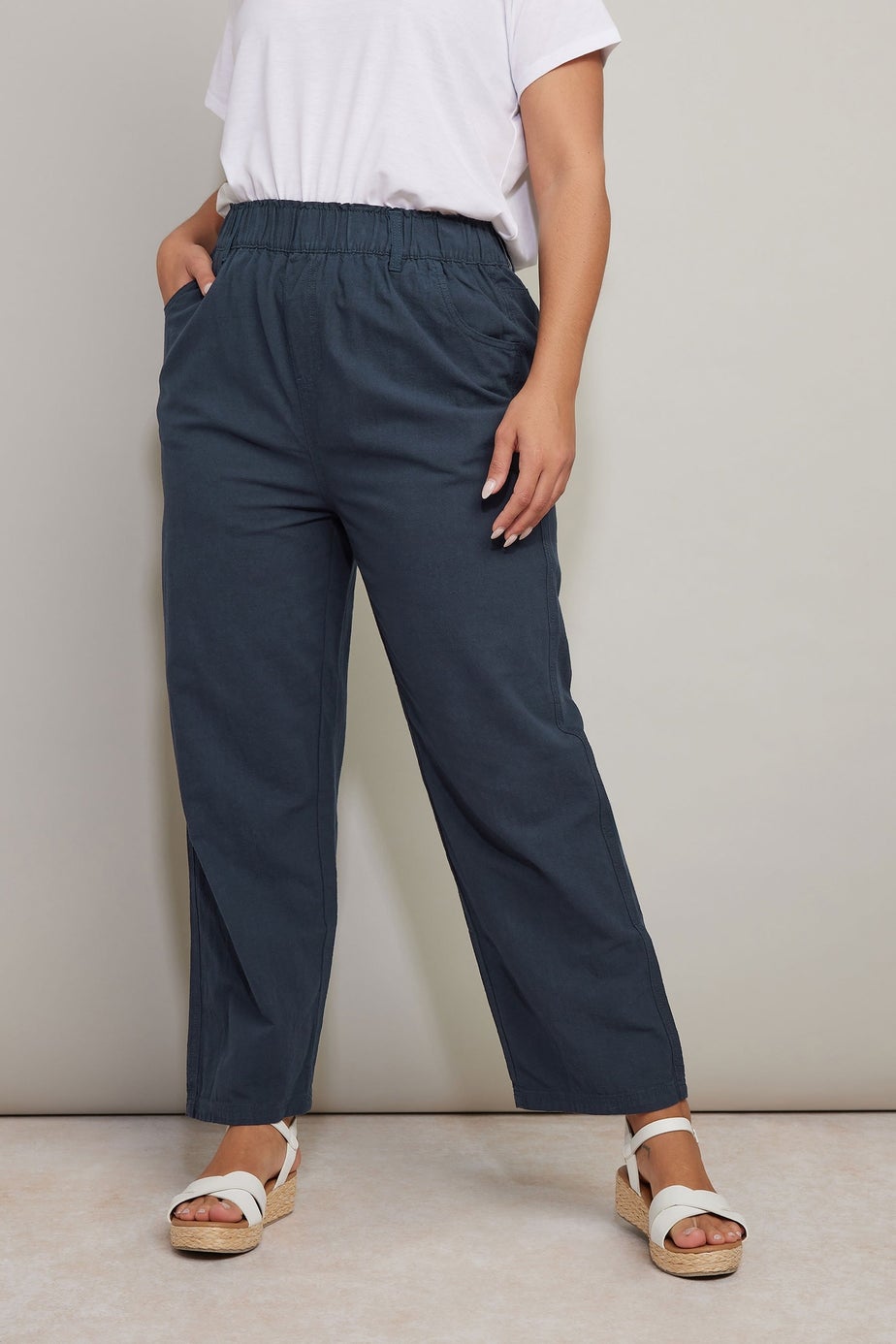 Yours Curve Navy Blue Cool Cotton Wide Leg Trousers