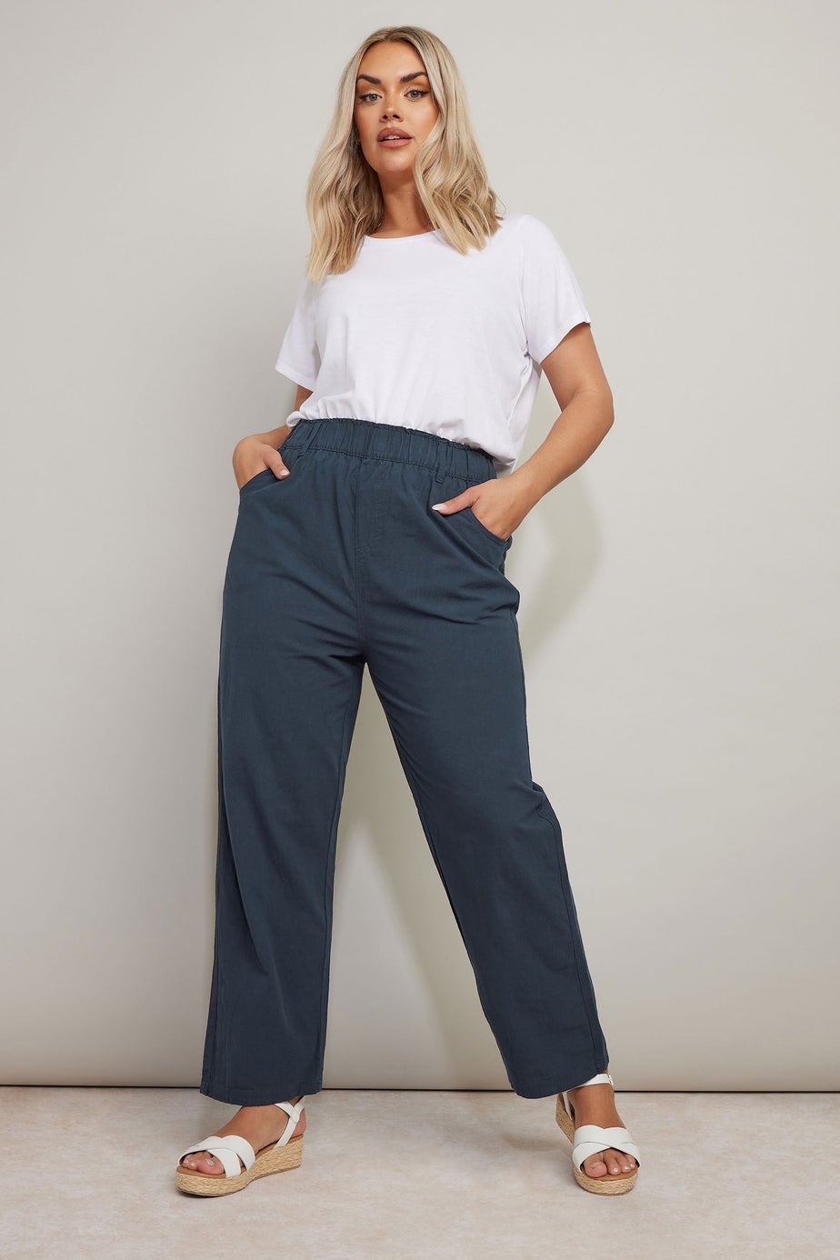 Yours Curve Navy Blue Cool Cotton Wide Leg Trousers