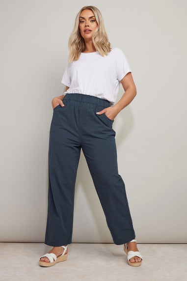 Yours Curve Navy Blue Cool Cotton Wide Leg Trousers