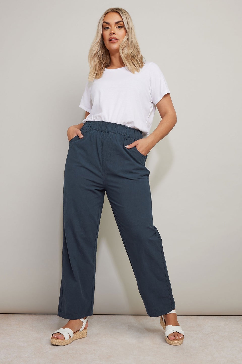 Yours Curve Navy Blue Cool Cotton Wide Leg Trousers