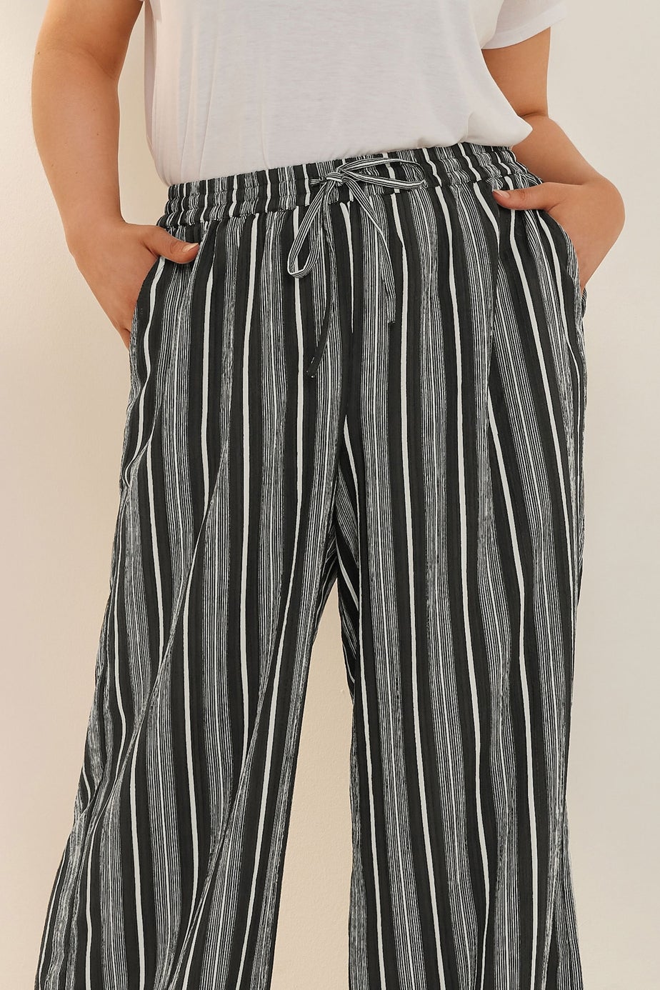 Yours Curve Black Stripe Textured Wide Leg Trousers