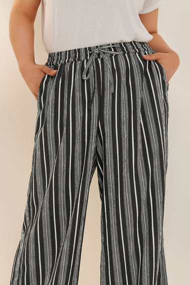 Yours Curve Black Stripe Textured Wide Leg Trousers