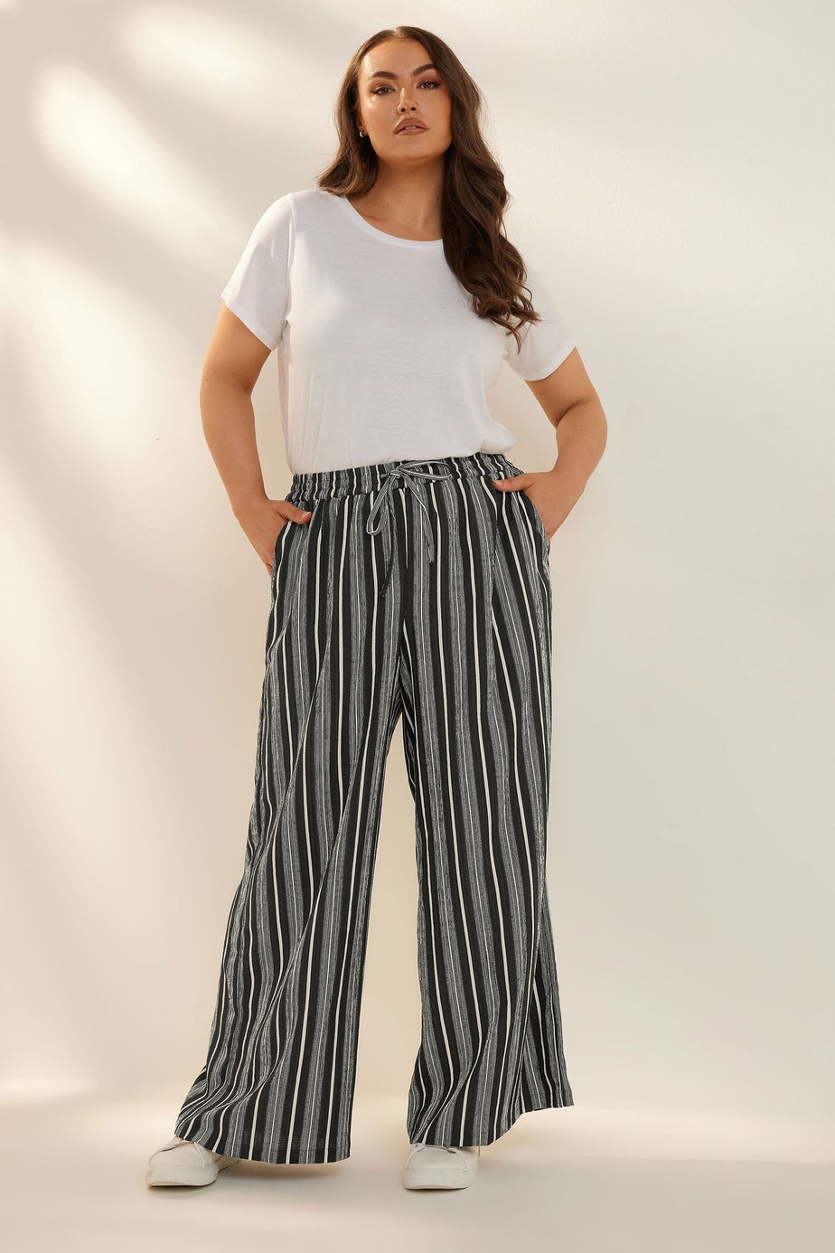 Yours Curve Black Stripe Textured Wide Leg Trousers