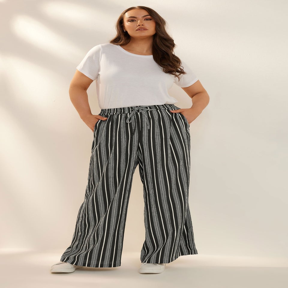 Yours Curve Black Stripe Textured Wide Leg Trousers