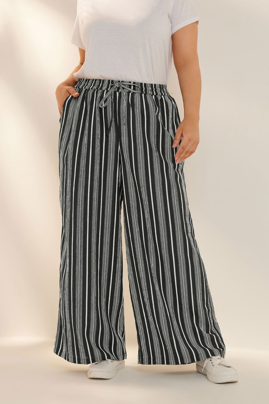 Yours Curve Black Stripe Textured Wide Leg Trousers
