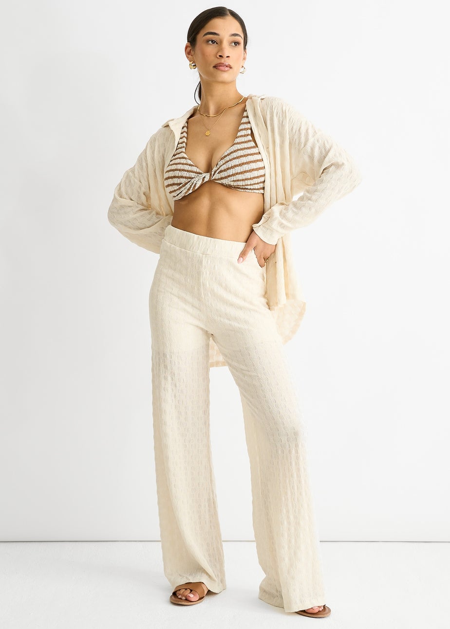 Gini London Beige Textured Elasticated Waist Flared Trousers