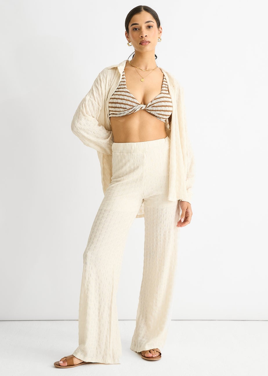 Gini London Beige Textured Elasticated Waist Flared Trousers