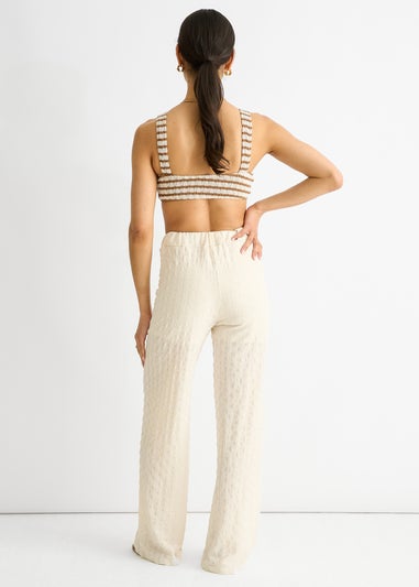 Gini London Beige Textured Elasticated Waist Flared Trousers